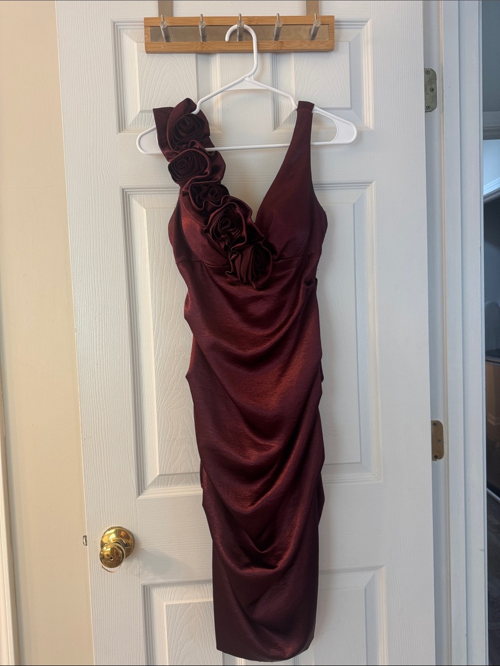 Xscape by Joanna Chen Elegant Burgundy One-Shoulder Rose Applique Dress